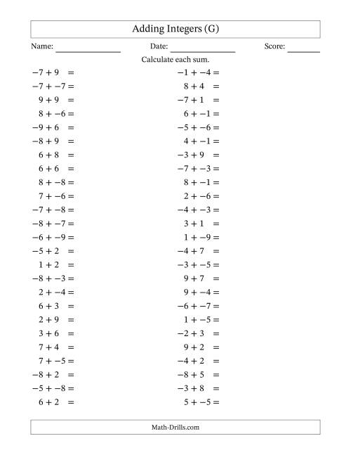 The Adding Mixed Integers from -9 to 9 (50 Questions; No Parentheses) (G) Math Worksheet