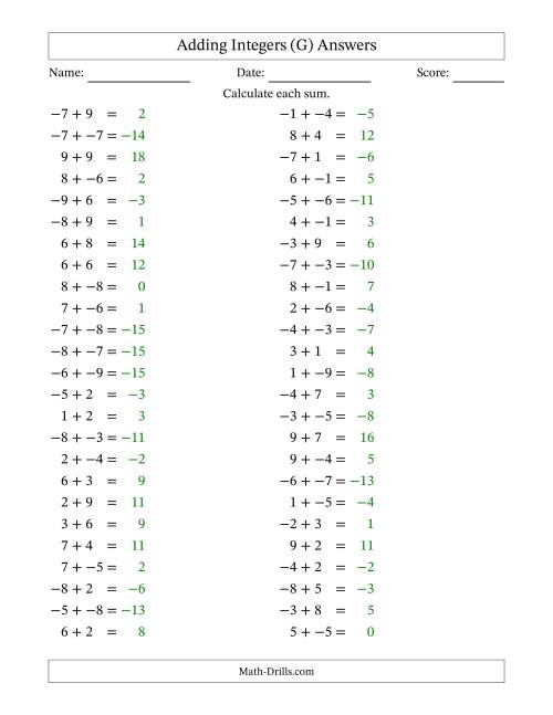 The Adding Mixed Integers from -9 to 9 (50 Questions; No Parentheses) (G) Math Worksheet Page 2