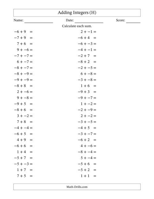 The Adding Mixed Integers from -9 to 9 (50 Questions; No Parentheses) (H) Math Worksheet