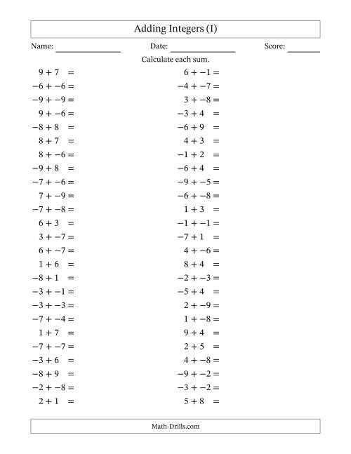 The Adding Mixed Integers from -9 to 9 (50 Questions; No Parentheses) (I) Math Worksheet