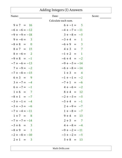 The Adding Mixed Integers from -9 to 9 (50 Questions; No Parentheses) (I) Math Worksheet Page 2