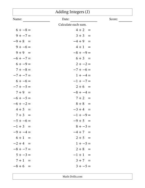 The Adding Mixed Integers from -9 to 9 (50 Questions; No Parentheses) (J) Math Worksheet