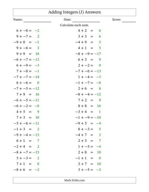 The Adding Mixed Integers from -9 to 9 (50 Questions; No Parentheses) (J) Math Worksheet Page 2