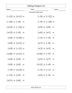Adding Mixed Integers from -12 to 12 (25 Questions; Large Print; All Parentheses)