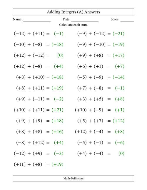 The Adding Mixed Integers from -12 to 12 (25 Questions; Large Print; All Parentheses) (A) Math Worksheet Page 2