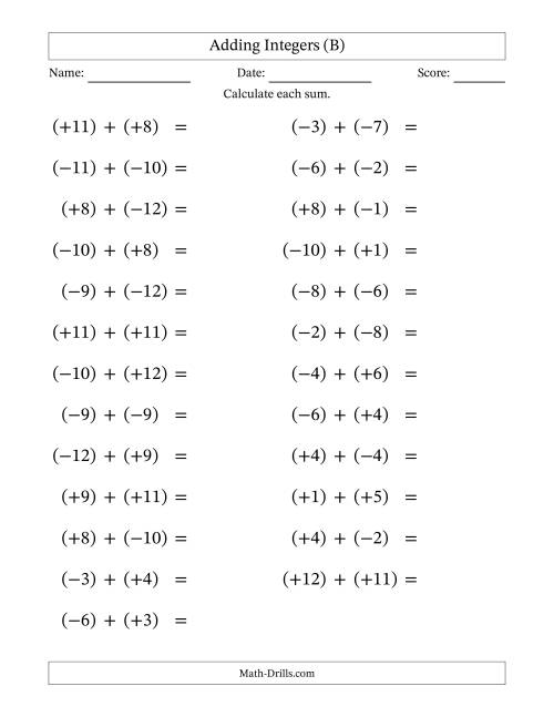The Adding Mixed Integers from -12 to 12 (25 Questions; Large Print; All Parentheses) (B) Math Worksheet