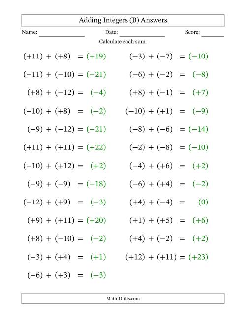 The Adding Mixed Integers from -12 to 12 (25 Questions; Large Print; All Parentheses) (B) Math Worksheet Page 2