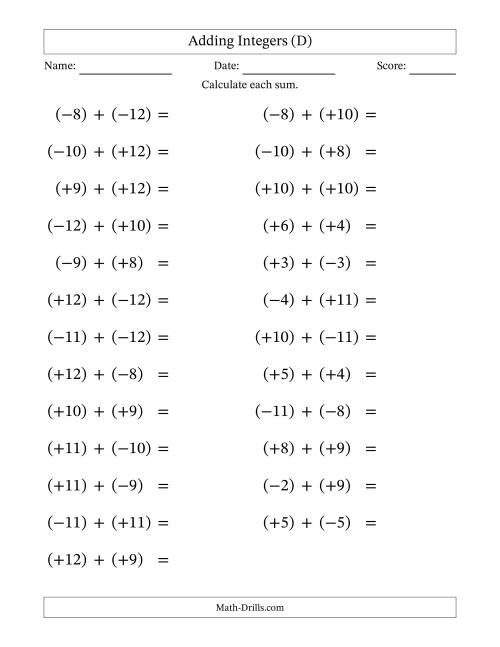 The Adding Mixed Integers from -12 to 12 (25 Questions; Large Print; All Parentheses) (D) Math Worksheet