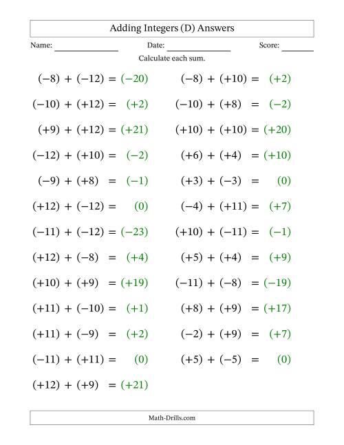 The Adding Mixed Integers from -12 to 12 (25 Questions; Large Print; All Parentheses) (D) Math Worksheet Page 2