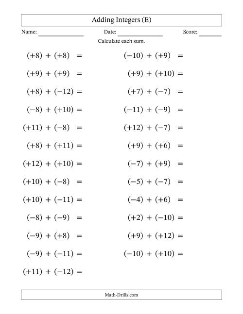 The Adding Mixed Integers from -12 to 12 (25 Questions; Large Print; All Parentheses) (E) Math Worksheet