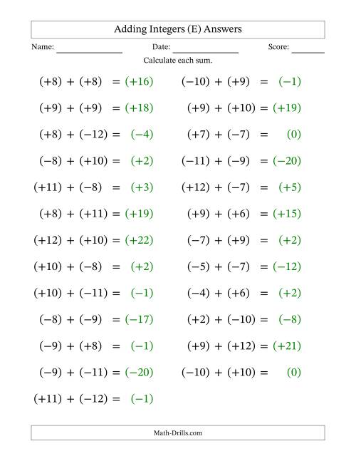 The Adding Mixed Integers from -12 to 12 (25 Questions; Large Print; All Parentheses) (E) Math Worksheet Page 2