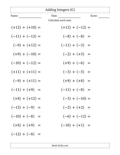 The Adding Mixed Integers from -12 to 12 (25 Questions; Large Print; All Parentheses) (G) Math Worksheet