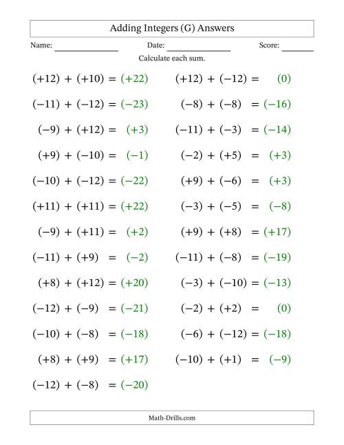 The Adding Mixed Integers from -12 to 12 (25 Questions; Large Print; All Parentheses) (G) Math Worksheet Page 2