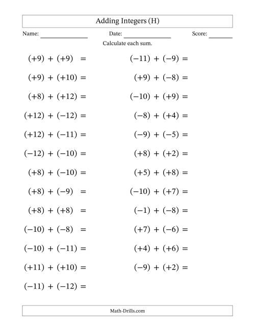 The Adding Mixed Integers from -12 to 12 (25 Questions; Large Print; All Parentheses) (H) Math Worksheet