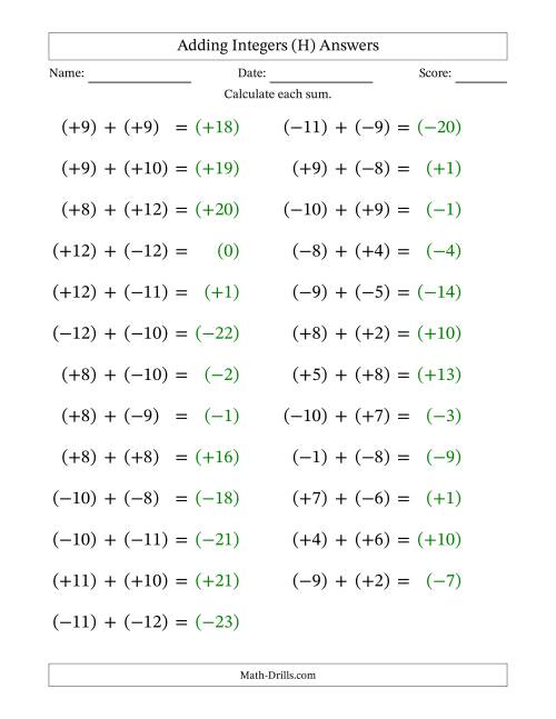 The Adding Mixed Integers from -12 to 12 (25 Questions; Large Print; All Parentheses) (H) Math Worksheet Page 2