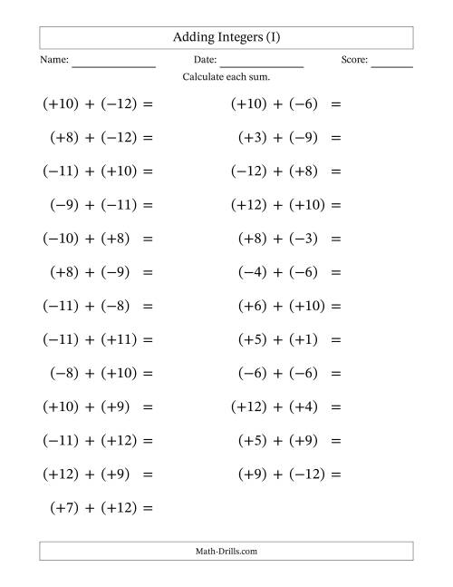 The Adding Mixed Integers from -12 to 12 (25 Questions; Large Print; All Parentheses) (I) Math Worksheet