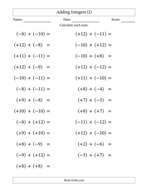 The Adding Mixed Integers from -12 to 12 (25 Questions; Large Print; All Parentheses) (J) Math Worksheet
