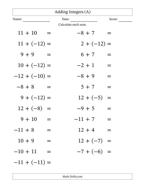 The Adding Mixed Integers from -12 to 12 (25 Questions; Large Print) (A) Math Worksheet