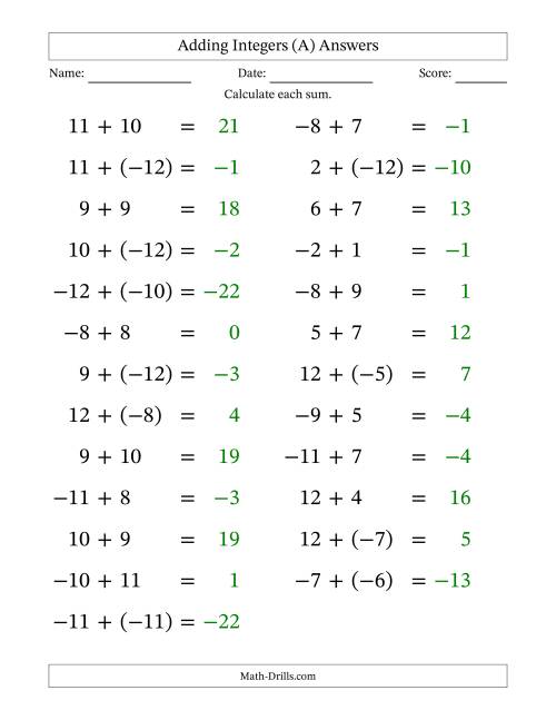 The Adding Mixed Integers from -12 to 12 (25 Questions; Large Print) (A) Math Worksheet Page 2