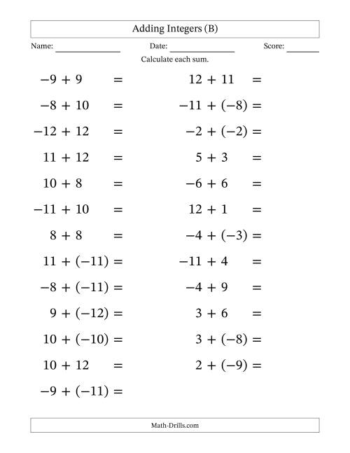 The Adding Mixed Integers from -12 to 12 (25 Questions; Large Print) (B) Math Worksheet