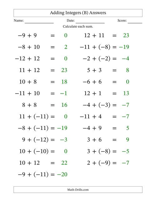 The Adding Mixed Integers from -12 to 12 (25 Questions; Large Print) (B) Math Worksheet Page 2