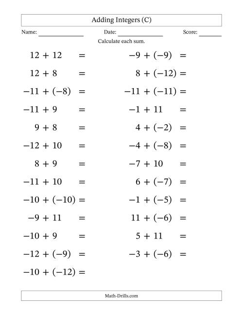 The Adding Mixed Integers from -12 to 12 (25 Questions; Large Print) (C) Math Worksheet