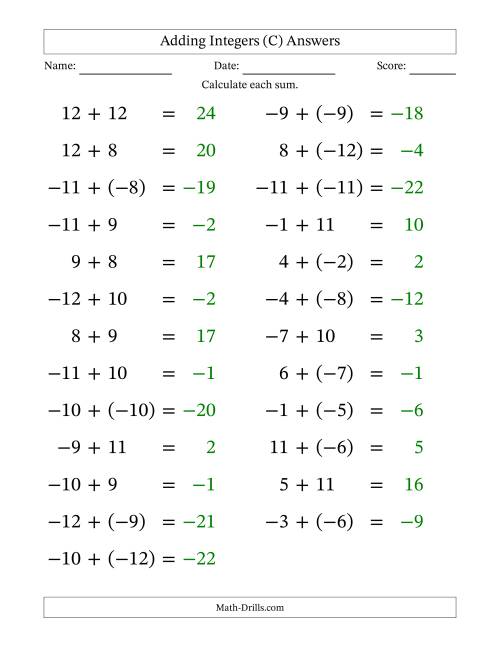 The Adding Mixed Integers from -12 to 12 (25 Questions; Large Print) (C) Math Worksheet Page 2