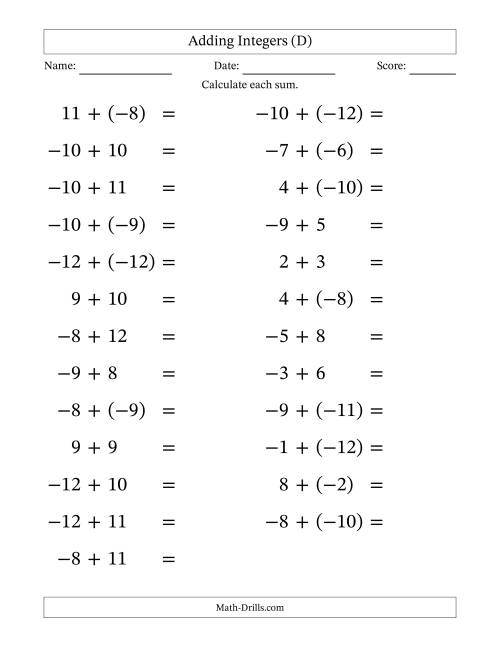 The Adding Mixed Integers from -12 to 12 (25 Questions; Large Print) (D) Math Worksheet
