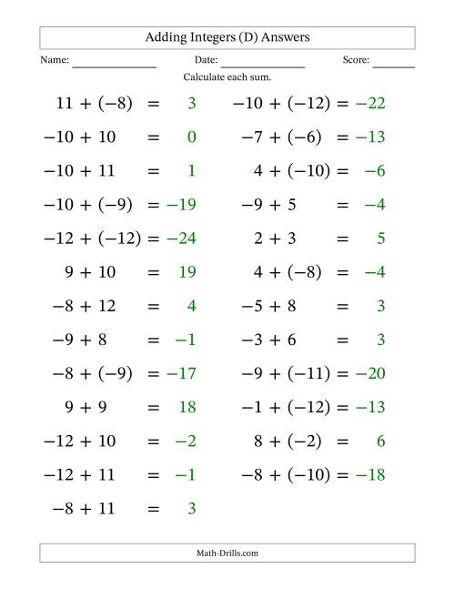 The Adding Mixed Integers from -12 to 12 (25 Questions; Large Print) (D) Math Worksheet Page 2