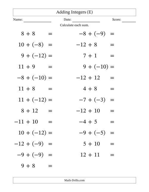 The Adding Mixed Integers from -12 to 12 (25 Questions; Large Print) (E) Math Worksheet
