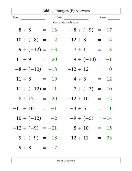 The Adding Mixed Integers from -12 to 12 (25 Questions; Large Print) (E) Math Worksheet Page 2
