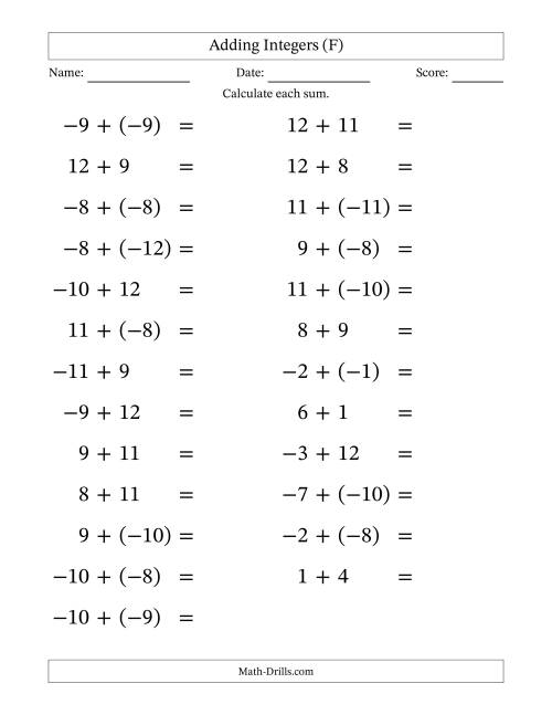 The Adding Mixed Integers from -12 to 12 (25 Questions; Large Print) (F) Math Worksheet
