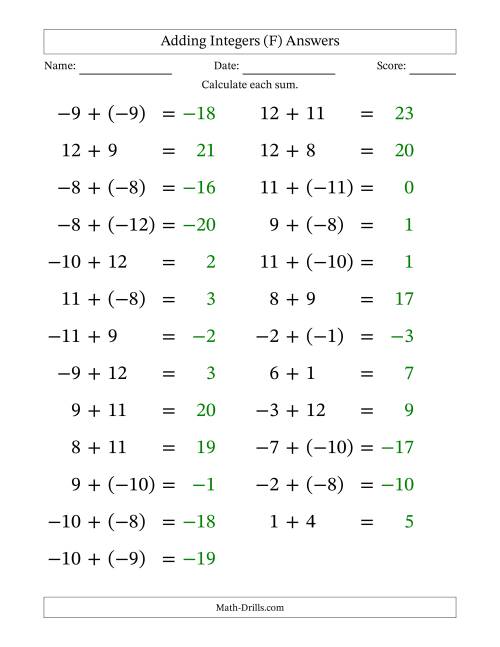 The Adding Mixed Integers from -12 to 12 (25 Questions; Large Print) (F) Math Worksheet Page 2