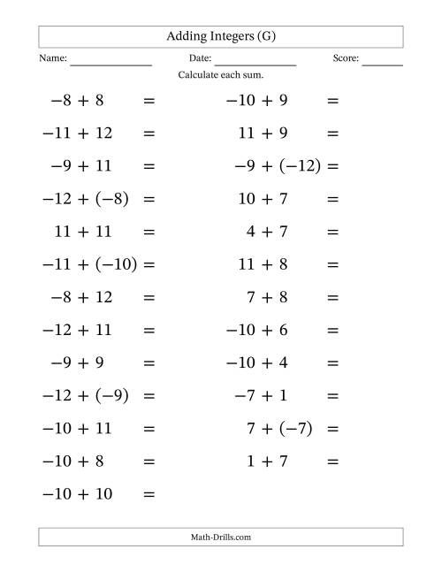 The Adding Mixed Integers from -12 to 12 (25 Questions; Large Print) (G) Math Worksheet