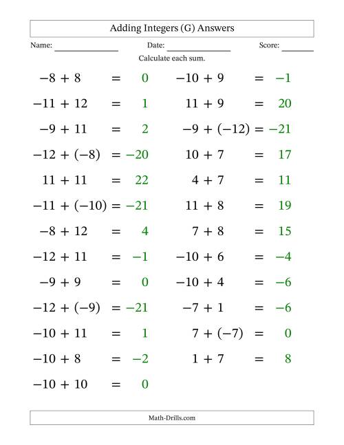 The Adding Mixed Integers from -12 to 12 (25 Questions; Large Print) (G) Math Worksheet Page 2