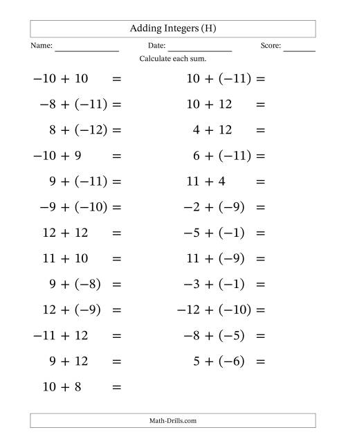 The Adding Mixed Integers from -12 to 12 (25 Questions; Large Print) (H) Math Worksheet