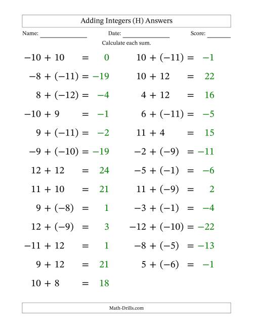 The Adding Mixed Integers from -12 to 12 (25 Questions; Large Print) (H) Math Worksheet Page 2