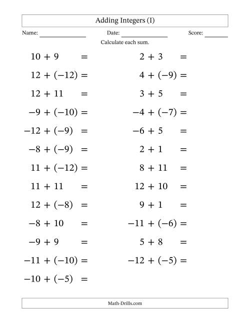 The Adding Mixed Integers from -12 to 12 (25 Questions; Large Print) (I) Math Worksheet