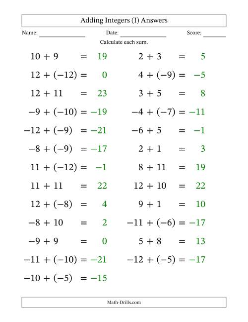 The Adding Mixed Integers from -12 to 12 (25 Questions; Large Print) (I) Math Worksheet Page 2