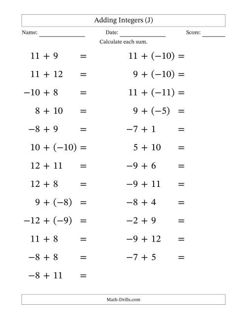 The Adding Mixed Integers from -12 to 12 (25 Questions; Large Print) (J) Math Worksheet