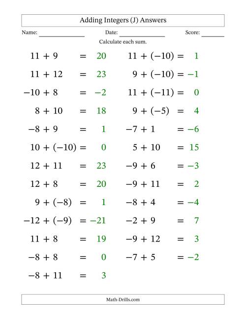 The Adding Mixed Integers from -12 to 12 (25 Questions; Large Print) (J) Math Worksheet Page 2