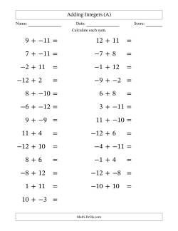 Adding Mixed Integers from -12 to 12 (25 Questions; Large Print; No Parentheses)