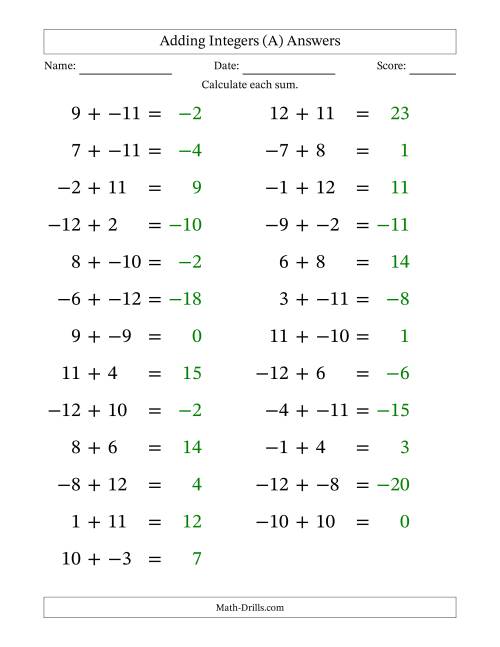 The Adding Mixed Integers from -12 to 12 (25 Questions; Large Print; No Parentheses) (A) Math Worksheet Page 2