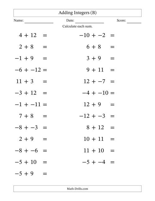 The Adding Mixed Integers from -12 to 12 (25 Questions; Large Print; No Parentheses) (B) Math Worksheet