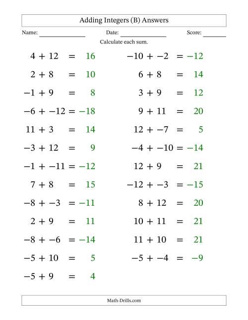 The Adding Mixed Integers from -12 to 12 (25 Questions; Large Print; No Parentheses) (B) Math Worksheet Page 2