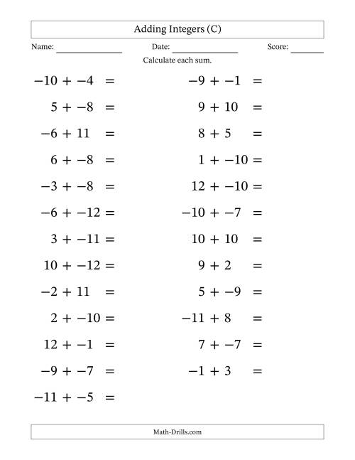 The Adding Mixed Integers from -12 to 12 (25 Questions; Large Print; No Parentheses) (C) Math Worksheet