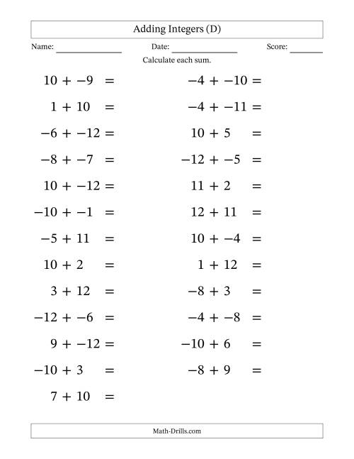 The Adding Mixed Integers from -12 to 12 (25 Questions; Large Print; No Parentheses) (D) Math Worksheet