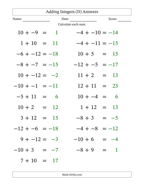The Adding Mixed Integers from -12 to 12 (25 Questions; Large Print; No Parentheses) (D) Math Worksheet Page 2