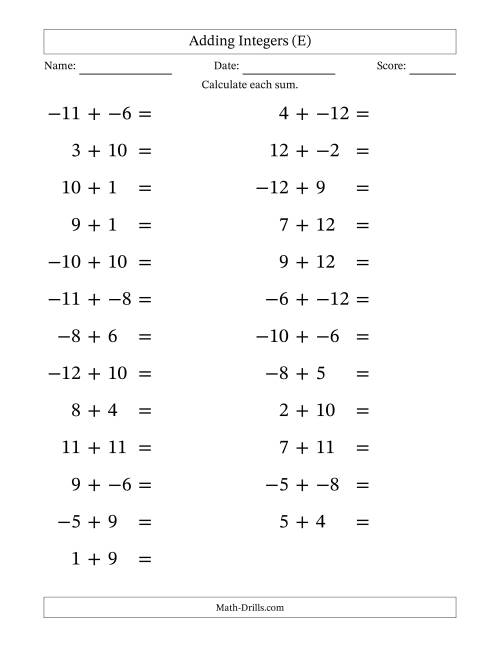 The Adding Mixed Integers from -12 to 12 (25 Questions; Large Print; No Parentheses) (E) Math Worksheet