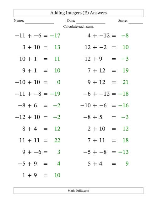 The Adding Mixed Integers from -12 to 12 (25 Questions; Large Print; No Parentheses) (E) Math Worksheet Page 2